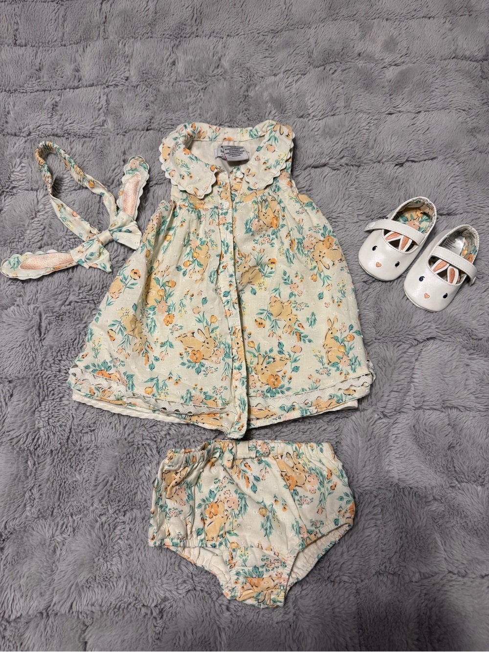 Haute Hippie Cream Floral Baby Dress Set with Yellow and Green Accents